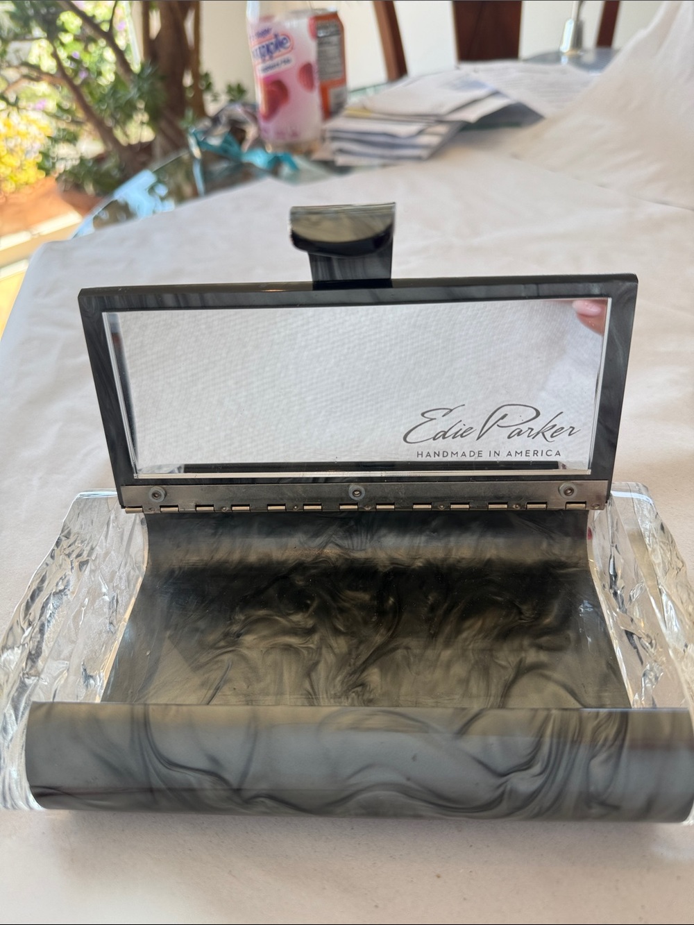 Edie Parker Black and Clear Swirl Acrylic Clutch